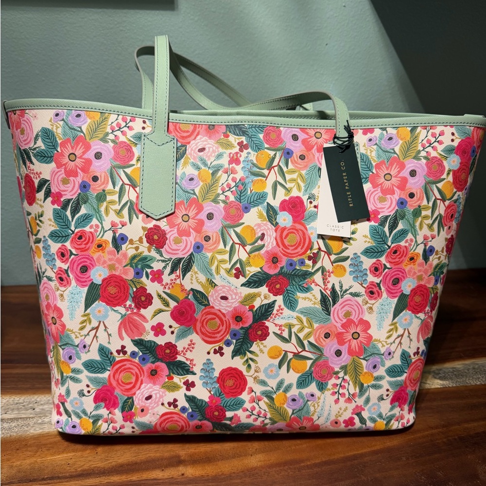 Rifle Paper Floral Canvas Tote with Mint Trim